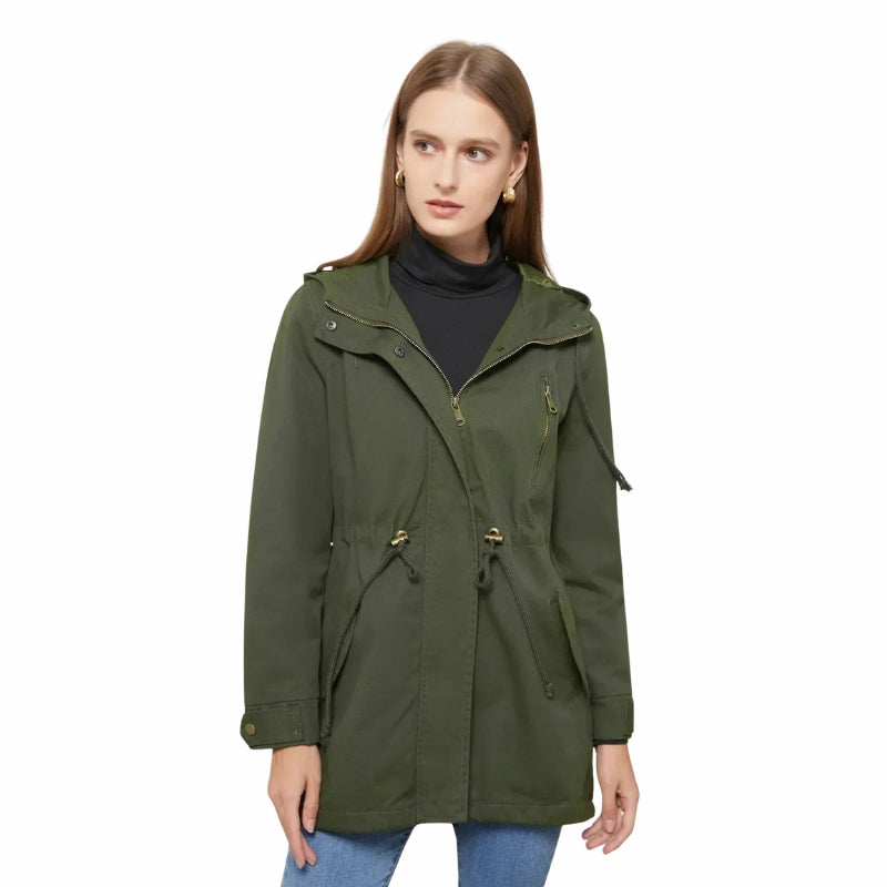 Women's Hooded Longline Jacket with Drawstring Waist & Zip Front – Utility Spring Jacket