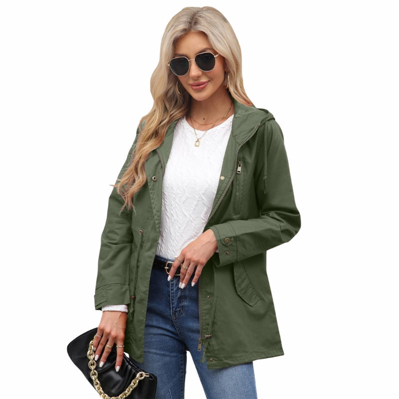 Women's Hooded Longline Jacket with Drawstring Waist & Zip Front – Utility Spring Jacket