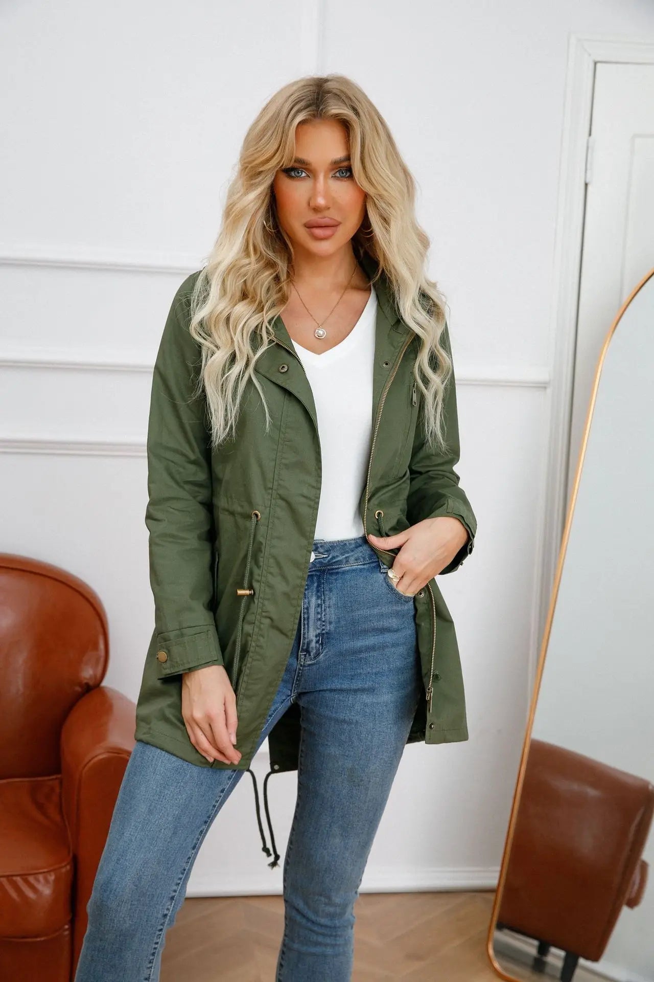 Women's Hooded Longline Jacket with Drawstring Waist & Zip Front – Utility Spring Jacket
