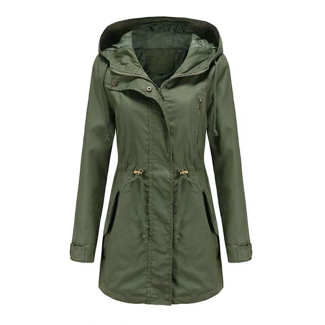 Women's Hooded Longline Jacket with Drawstring Waist & Zip Front – Utility Spring Jacket