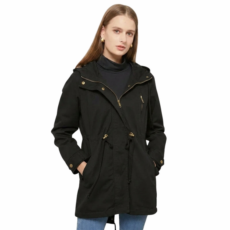 Women's Hooded Longline Jacket with Drawstring Waist & Zip Front – Utility Spring Jacket