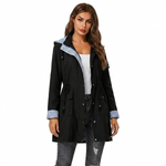 Women's Longline Hooded Rain Jacket with Snap Front & Striped Lining – Water-Resistant Coat