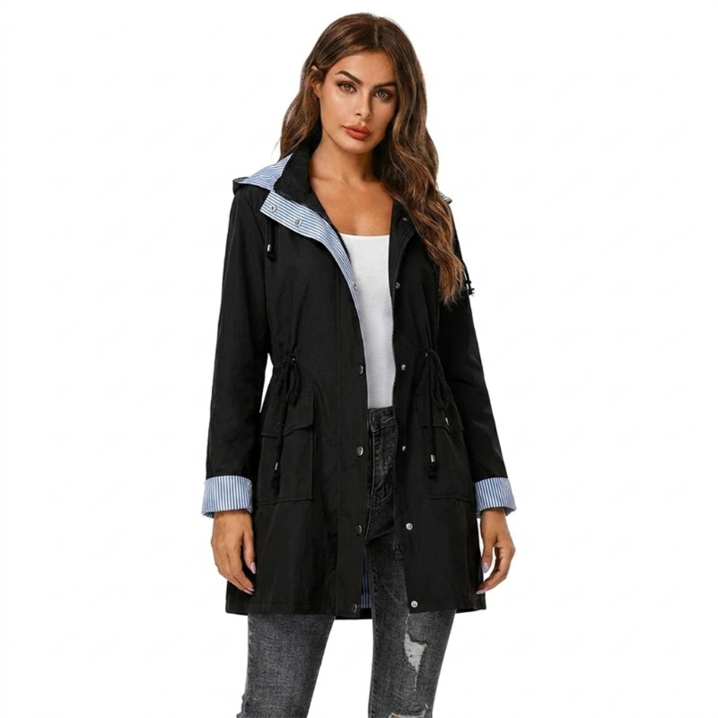 Women's Longline Hooded Rain Jacket with Snap Front & Striped Lining – Water-Resistant Coat
