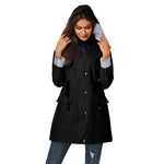 Women's Longline Hooded Rain Jacket with Snap Front & Striped Lining – Water-Resistant Coat