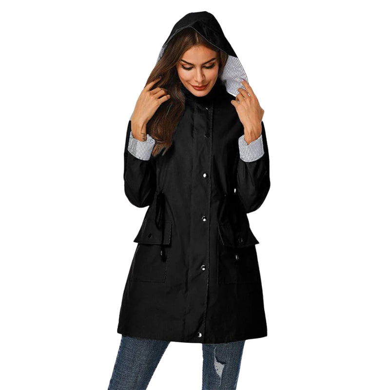 Women's Longline Hooded Rain Jacket with Snap Front & Striped Lining – Water-Resistant Coat