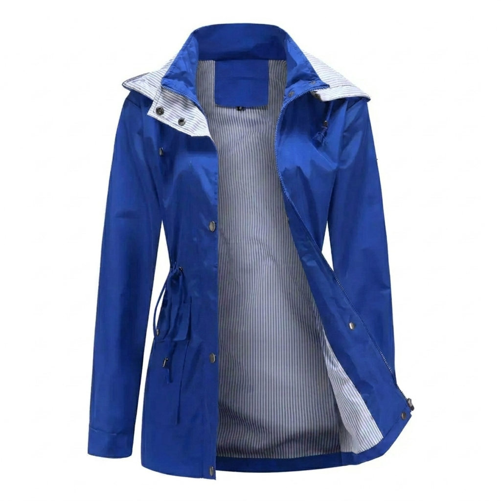 Women's Longline Hooded Rain Jacket with Snap Front & Striped Lining – Water-Resistant Coat