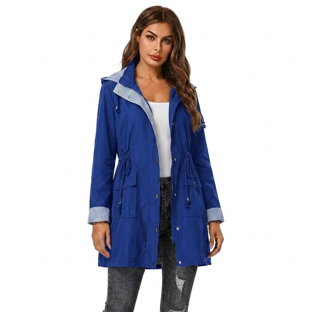Women's Longline Hooded Rain Jacket with Snap Front & Striped Lining – Water-Resistant Coat