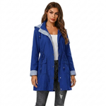 Women's Longline Hooded Rain Jacket with Snap Front & Striped Lining – Water-Resistant Coat