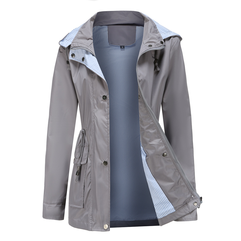 Women's Longline Hooded Rain Jacket with Snap Front & Striped Lining – Water-Resistant Coat