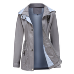 Women's Longline Hooded Rain Jacket with Snap Front & Striped Lining – Water-Resistant Coat