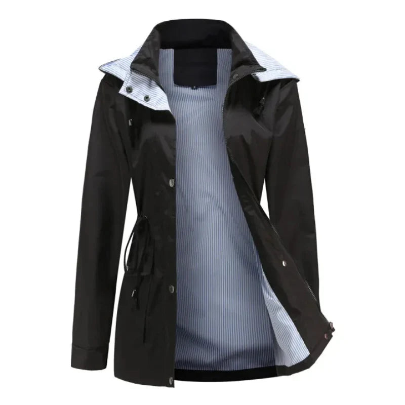 Women's Longline Hooded Rain Jacket with Snap Front & Striped Lining – Water-Resistant Coat