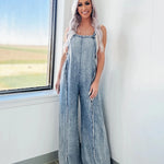 Women's Wide-Leg Pinafore Jumpsuit with Adjustable Straps – Washed-Finish Casual Overalls