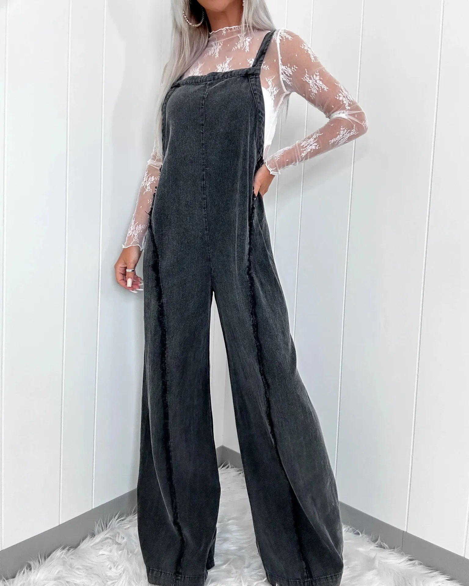 Women's Wide-Leg Pinafore Jumpsuit with Adjustable Straps – Washed-Finish Casual Overalls