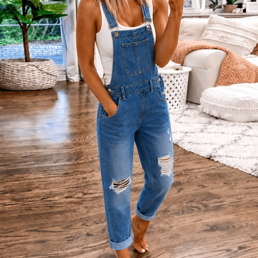 Women's Denim-Look Overall Jumpsuit with Bib Pocket and Adjustable Straps – Straight Leg Casual Jumpsuit