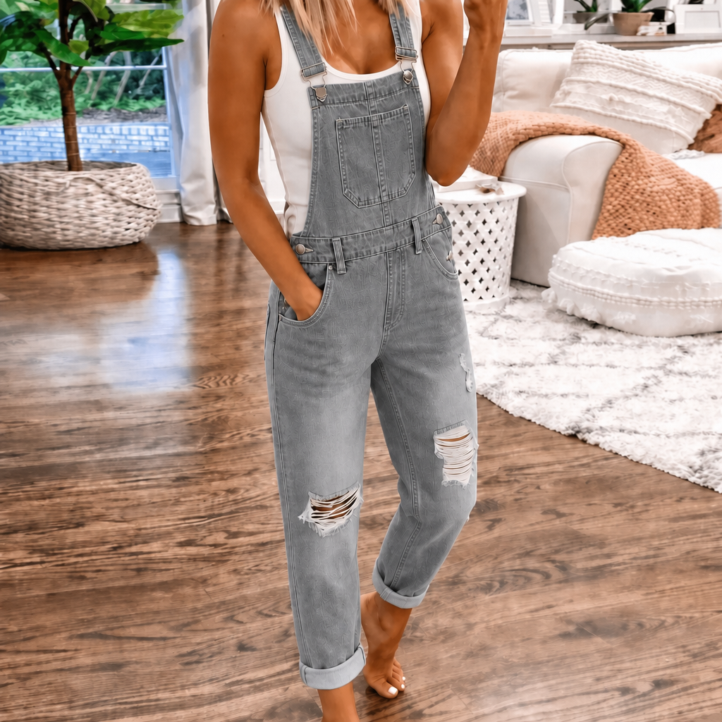 Women's Denim-Look Overall Jumpsuit with Bib Pocket and Adjustable Straps – Straight Leg Casual Jumpsuit
