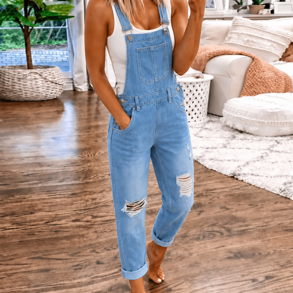 Women's Denim-Look Overall Jumpsuit with Bib Pocket and Adjustable Straps – Straight Leg Casual Jumpsuit
