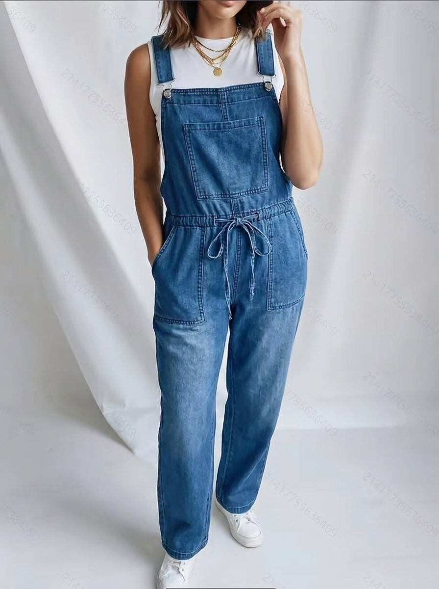 Women's Wide Leg Dungaree Jumpsuit with Drawstring Waist – Casual Overall with Pockets