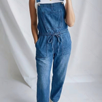 Women's Wide Leg Dungaree Jumpsuit with Drawstring Waist – Casual Overall with Pockets