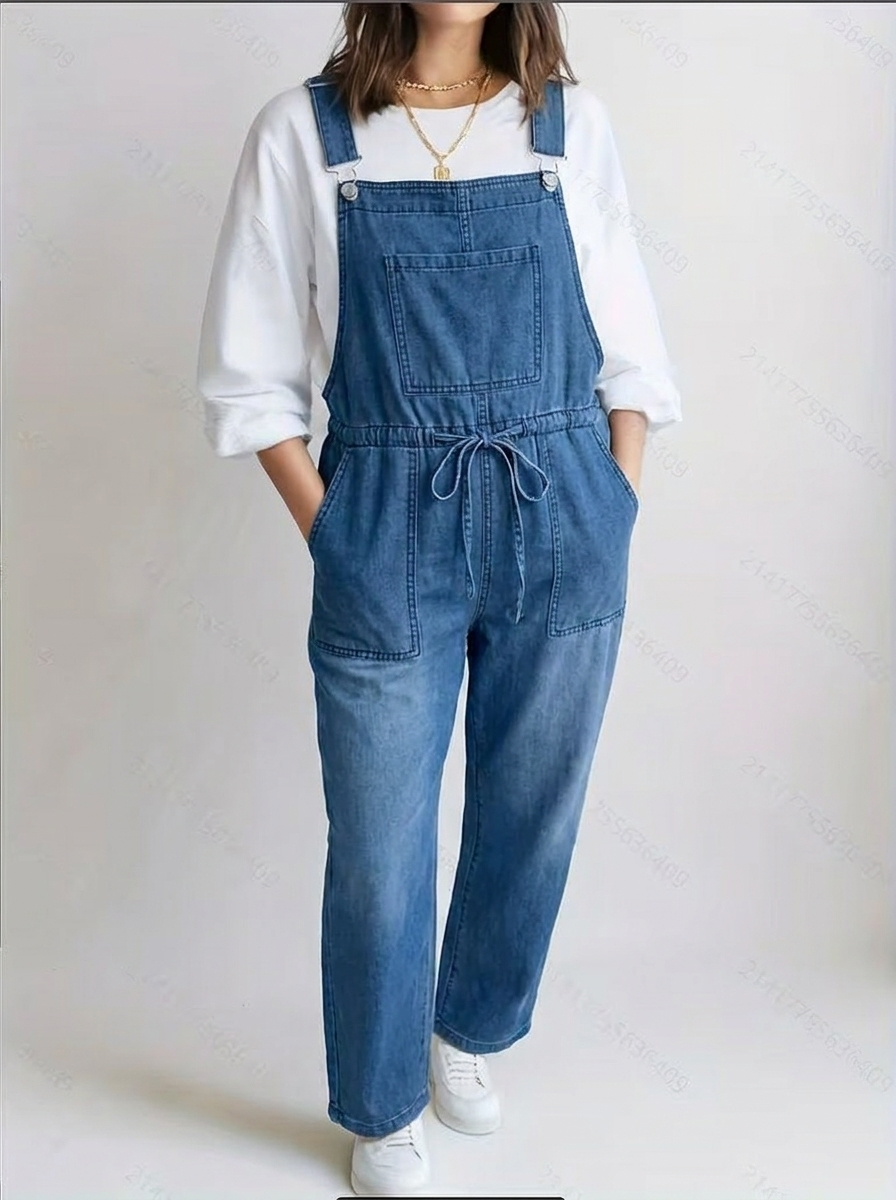 Women's Wide Leg Dungaree Jumpsuit with Drawstring Waist – Casual Overall with Pockets