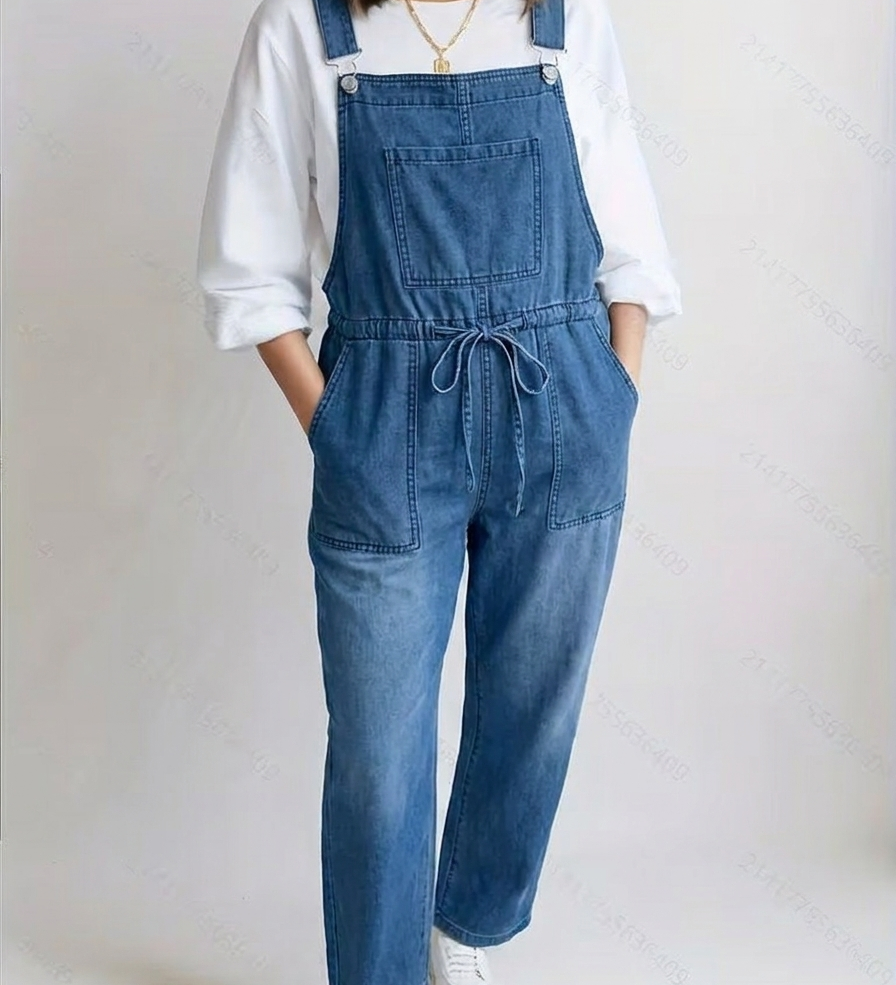 Women's Wide Leg Dungaree Jumpsuit with Drawstring Waist – Casual Overall with Pockets