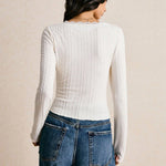 Women's Scalloped V Neck Crop Top with Long Sleeves – Fitted Button Front Textured Top