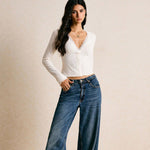 Women's Scalloped V Neck Crop Top with Long Sleeves – Fitted Button Front Textured Top