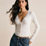 Women's Scalloped V Neck Crop Top with Long Sleeves – Fitted Button Front Textured Top
