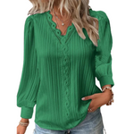 Women's Long Sleeve V-Neck Top with Crochet Trim – Pleated Blouse with Puff Shoulders