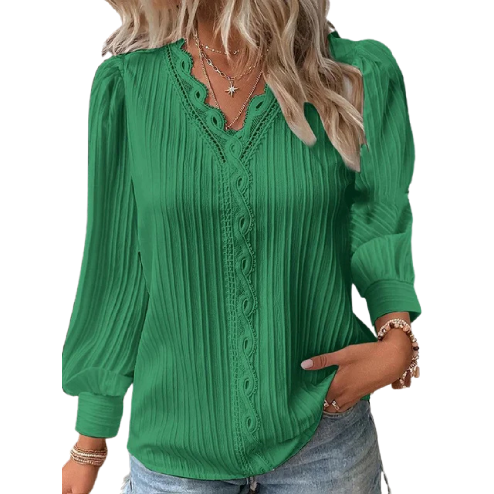 Women's Long Sleeve V-Neck Top with Crochet Trim – Pleated Blouse with Puff Shoulders