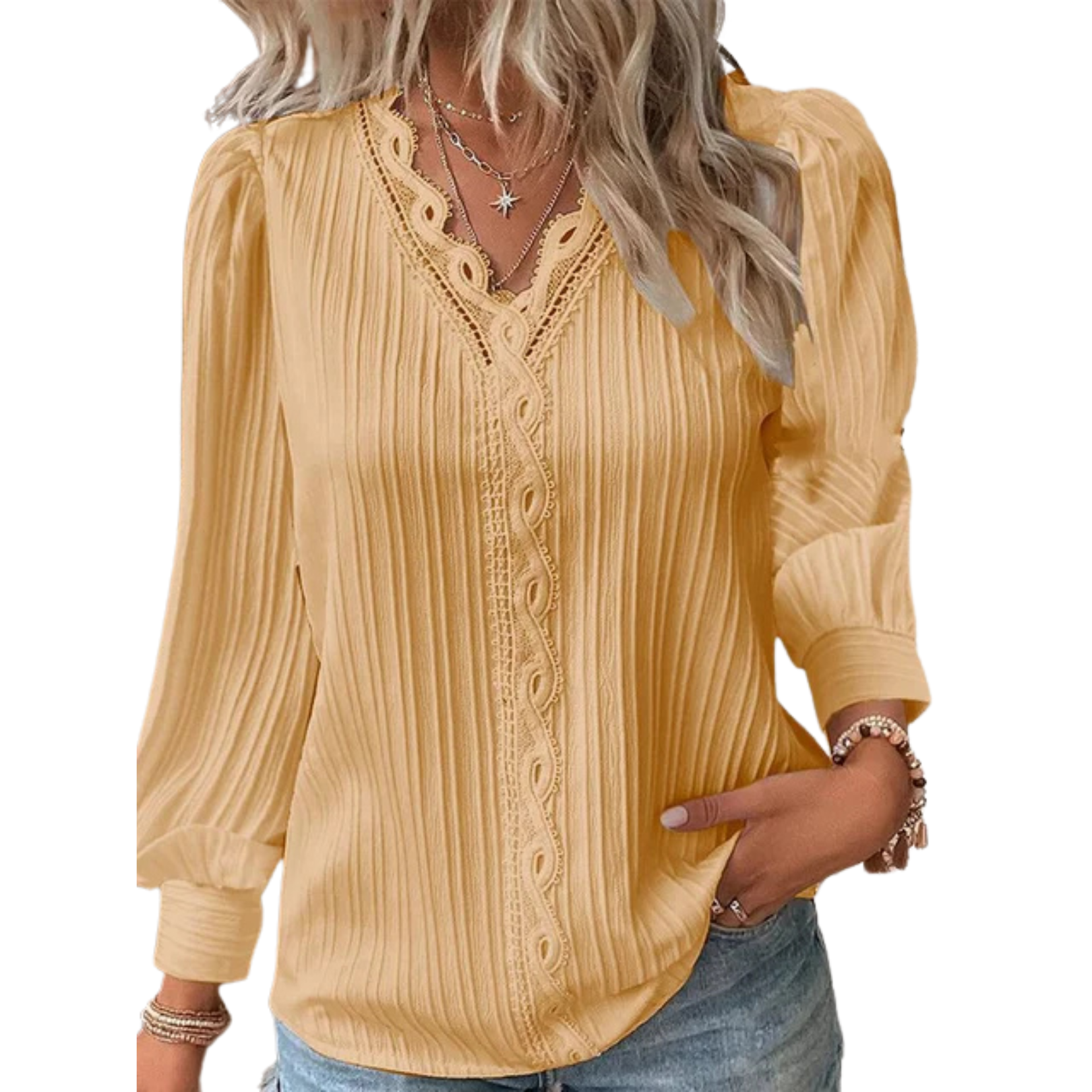 Women's Long Sleeve V-Neck Top with Crochet Trim – Pleated Blouse with Puff Shoulders