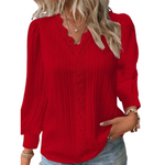 Women's Long Sleeve V-Neck Top with Crochet Trim – Pleated Blouse with Puff Shoulders