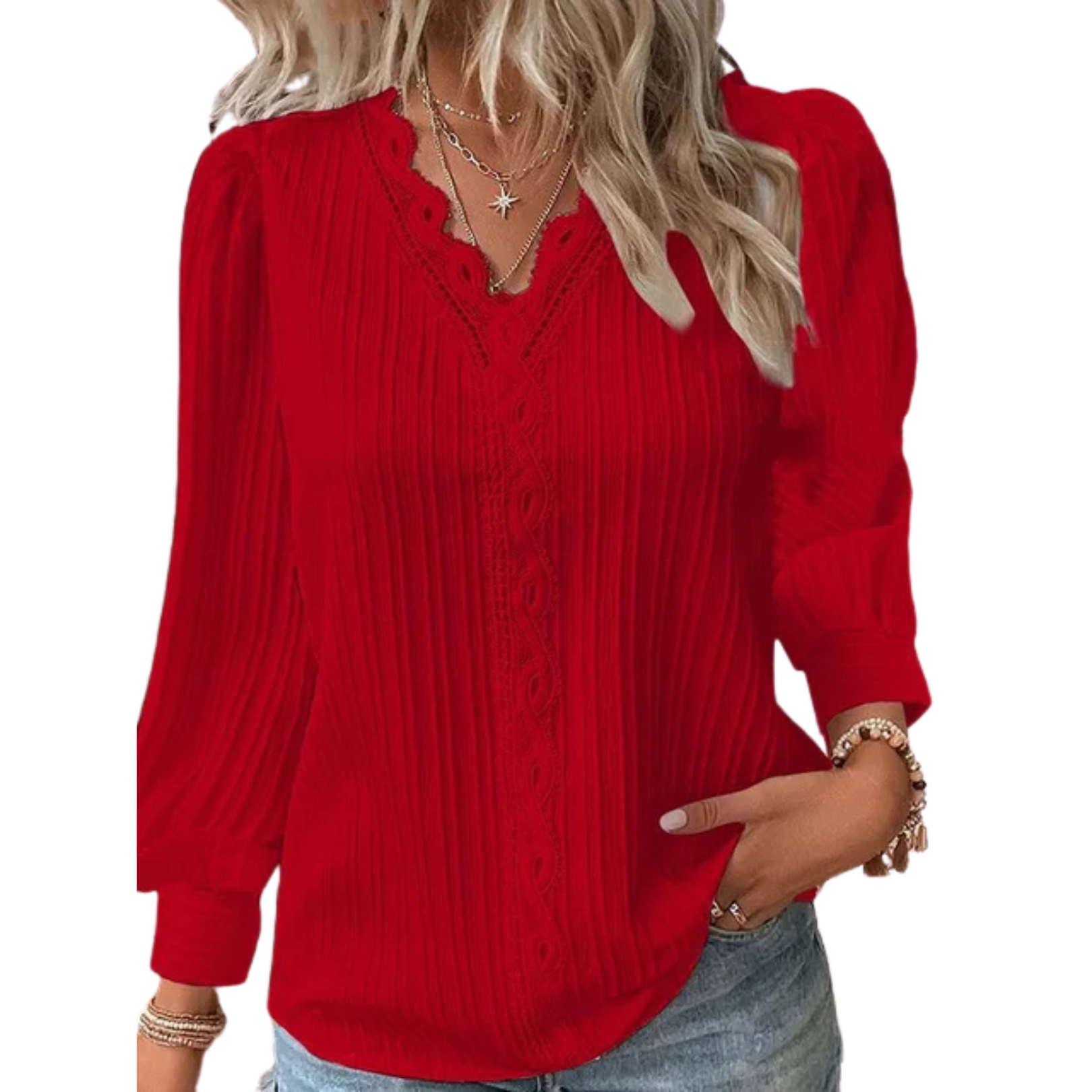 Women's Long Sleeve V-Neck Top with Crochet Trim – Pleated Blouse with Puff Shoulders