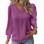 Women's Long Sleeve V-Neck Top with Crochet Trim – Pleated Blouse with Puff Shoulders