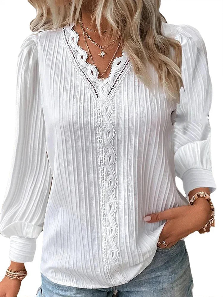 Women's Long Sleeve V-Neck Top with Crochet Trim – Pleated Blouse with Puff Shoulders