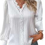 Women's Long Sleeve V-Neck Top with Crochet Trim – Pleated Blouse with Puff Shoulders