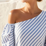 Women's One Shoulder Maxi Dress with Puff Sleeve – Diagonal Stripe Garden Party Dress