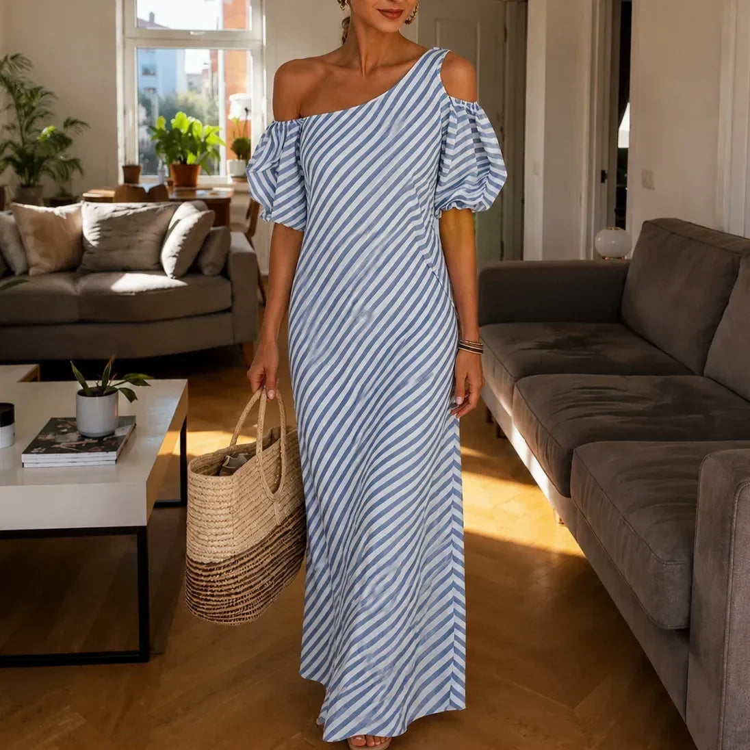 Women's One Shoulder Maxi Dress with Puff Sleeve – Diagonal Stripe Garden Party Dress