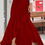 Women's High Waisted Maxi Skirt with Cascading Ruffle & Tie Waist – High-Low Hem Skirt