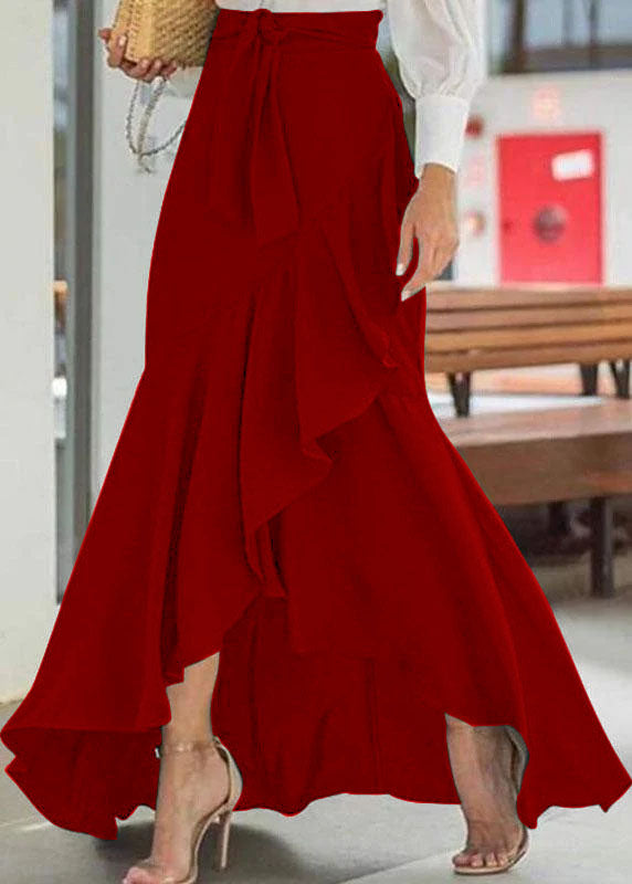 Women's High Waisted Maxi Skirt with Cascading Ruffle & Tie Waist – High-Low Hem Skirt