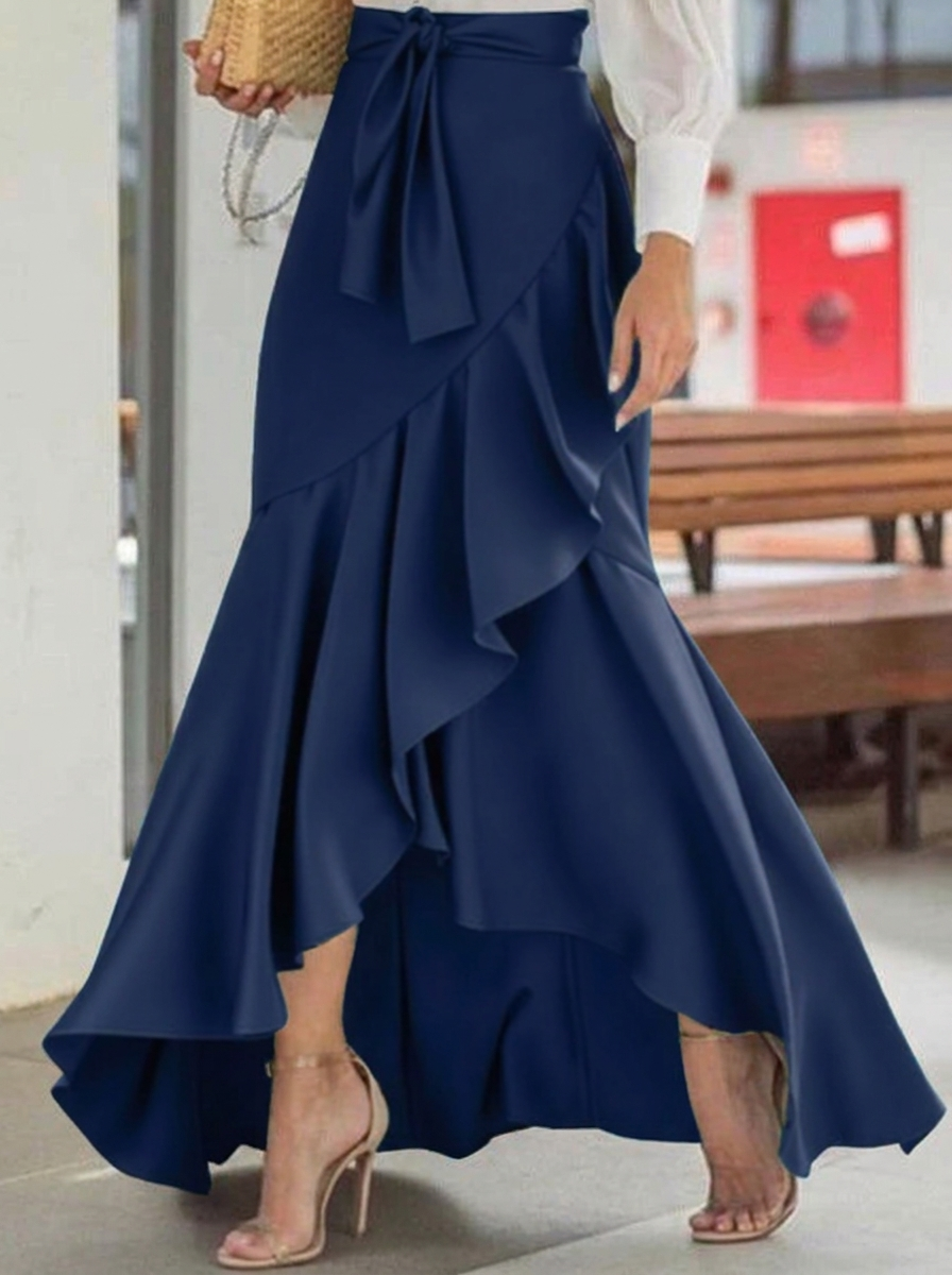 Women's High Waisted Maxi Skirt with Cascading Ruffle & Tie Waist – High-Low Hem Skirt