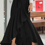 Women's High Waisted Maxi Skirt with Cascading Ruffle & Tie Waist – High-Low Hem Skirt