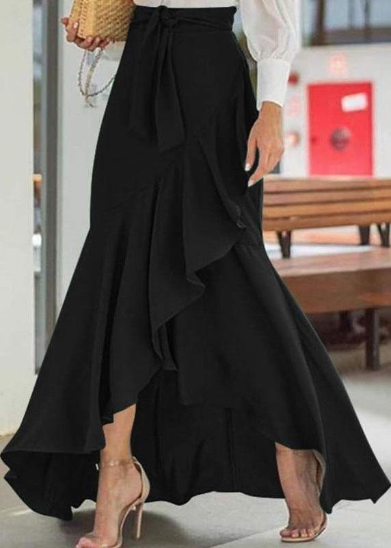 Women's High Waisted Maxi Skirt with Cascading Ruffle & Tie Waist – High-Low Hem Skirt