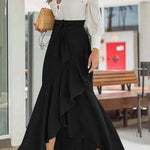 Women's High Waisted Maxi Skirt with Cascading Ruffle & Tie Waist – High-Low Hem Skirt