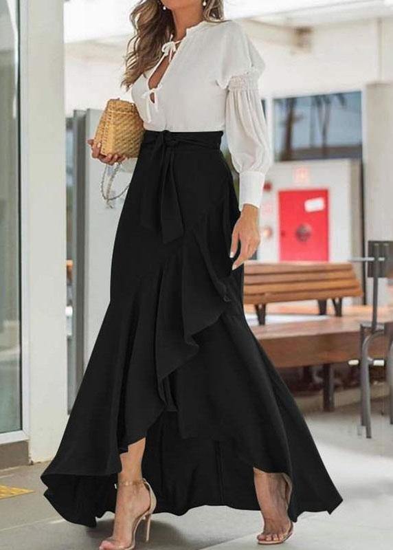 Women's High Waisted Maxi Skirt with Cascading Ruffle & Tie Waist – High-Low Hem Skirt