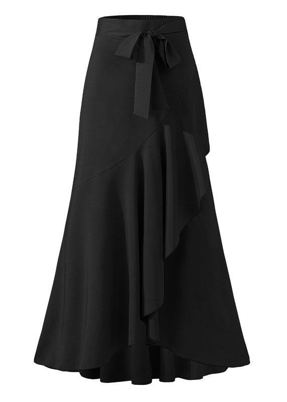 Women's High Waisted Maxi Skirt with Cascading Ruffle & Tie Waist – High-Low Hem Skirt