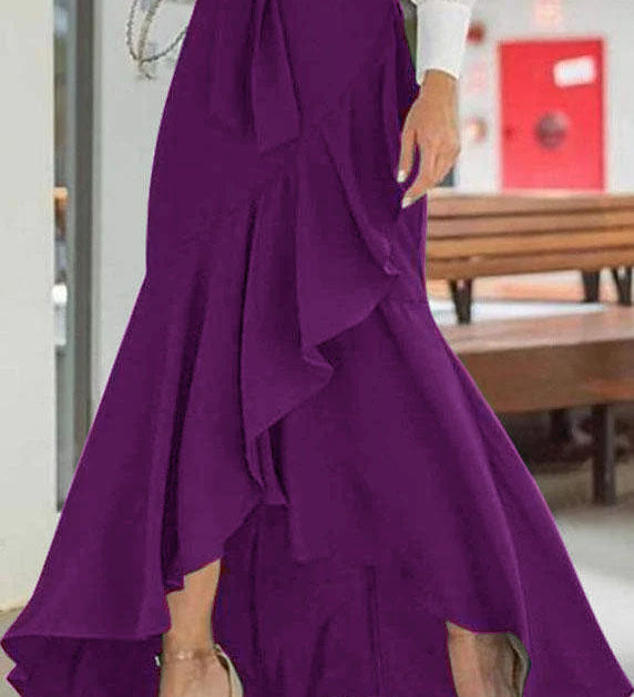Women's High Waisted Maxi Skirt with Cascading Ruffle & Tie Waist – High-Low Hem Skirt