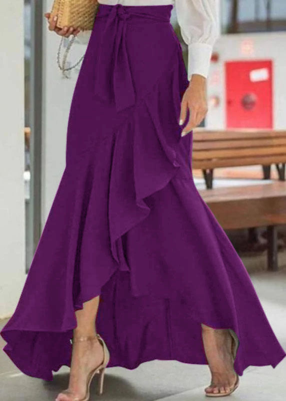 Women's High Waisted Maxi Skirt with Cascading Ruffle & Tie Waist – High-Low Hem Skirt