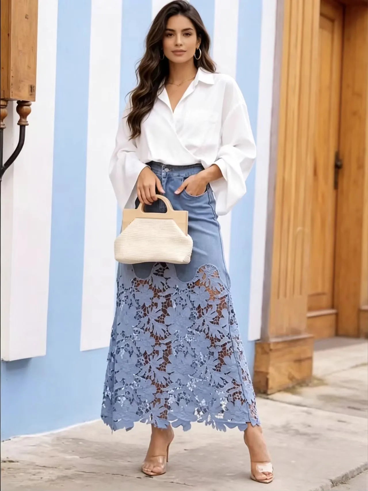 Women's High-Waisted Maxi Skirt with Floral Lace Hem – Elegant Summer Skirt for Occasions