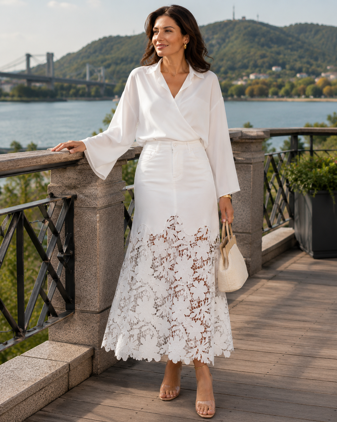 Women's High-Waisted Maxi Skirt with Floral Lace Hem – Elegant Summer Skirt for Occasions