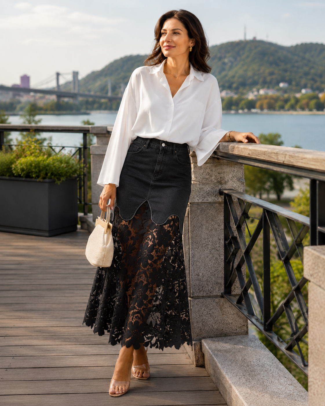 Women's High-Waisted Maxi Skirt with Floral Lace Hem – Elegant Summer Skirt for Occasions